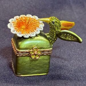 Bejeweled Hummingbird Trinket Box Green Enamel Metal Green/AB Crystals Gold Gilt